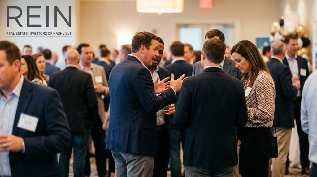 Real estate investors having a focused conversation at a Nashville networking event