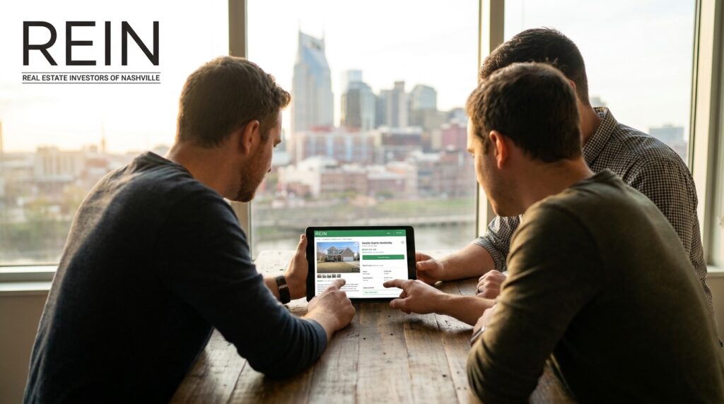 New real estate investors reviewing a property listing on a tablet with the Nashville skyline in the background