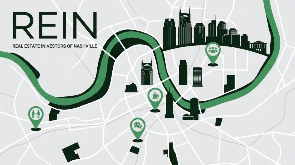Map graphic of downtown Nashville marking real estate investor meetup locations