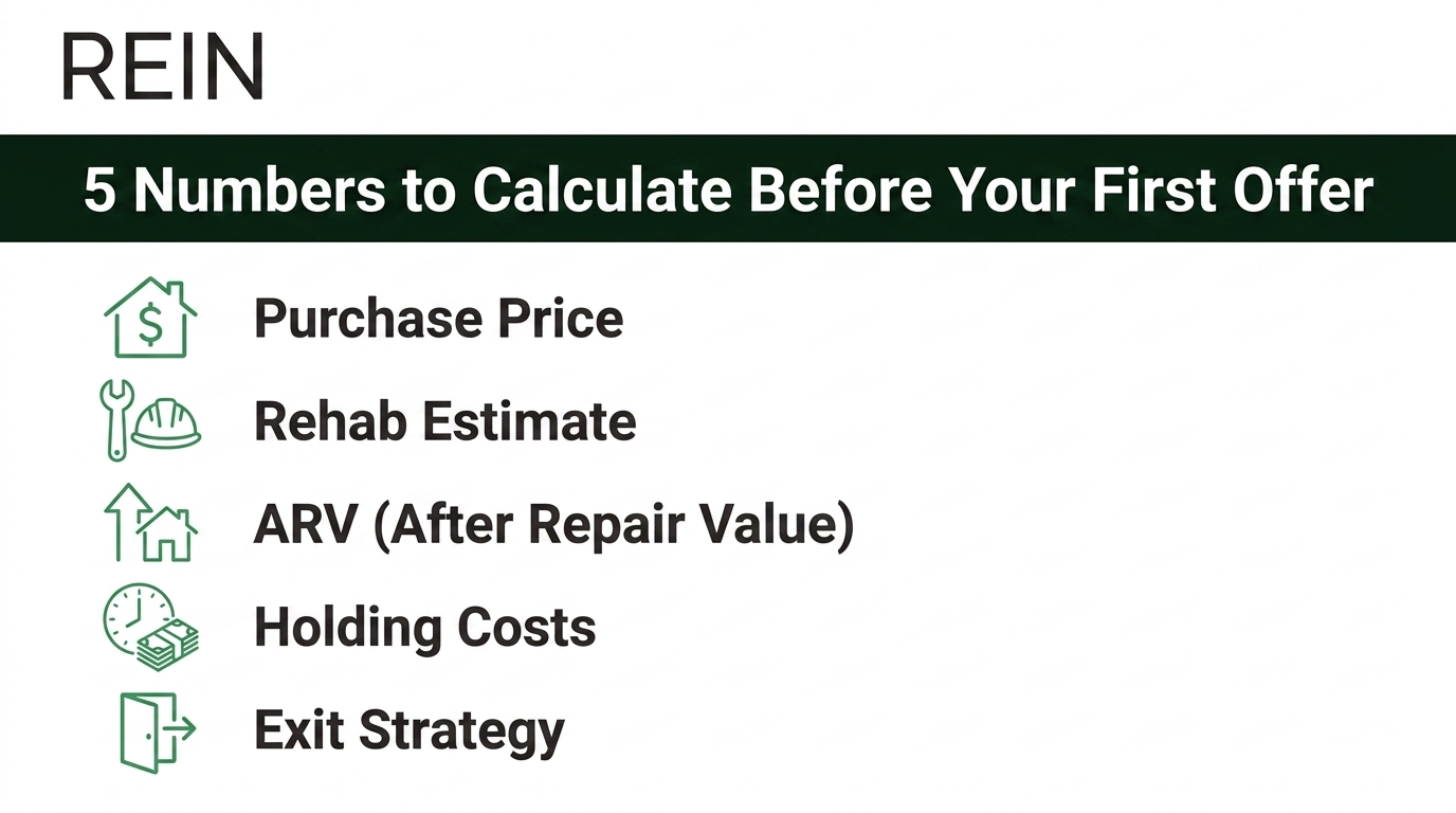Infographic listing five numbers to calculate before a first real estate offer: purchase price, rehab estimate, ARV, holding costs, exit strategy