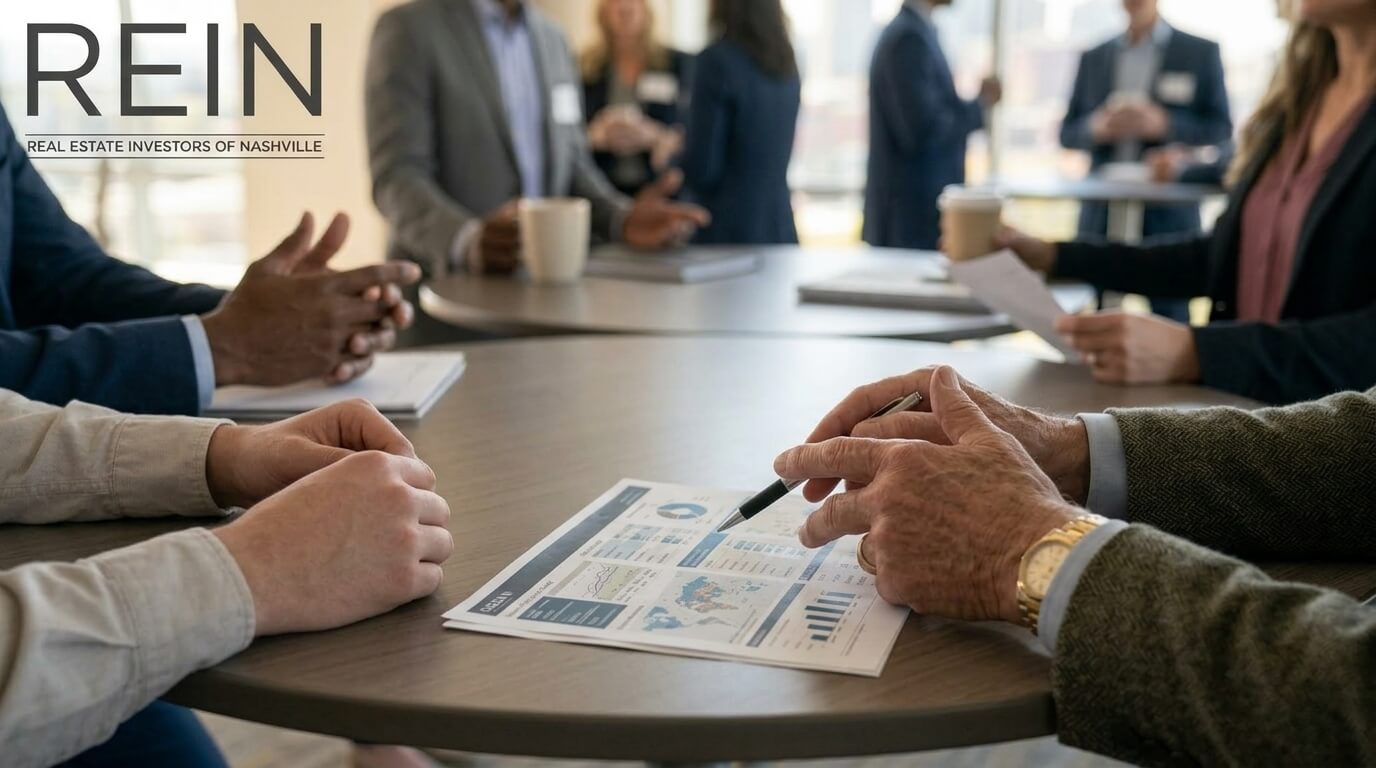 Beginner and experienced Nashville real estate investors sharing deal advice at a REIN meeting