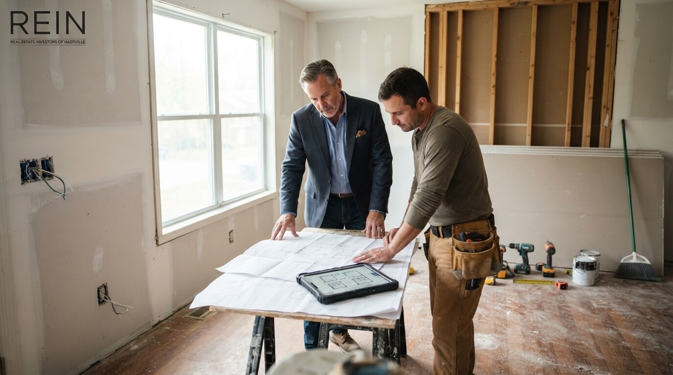 Investor and contractor reviewing renovation plans inside a Nashville flip house