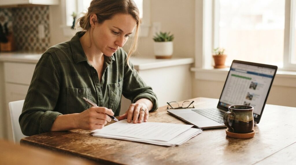 Beginner investor reviewing a real estate wholesale contract at a Nashville property