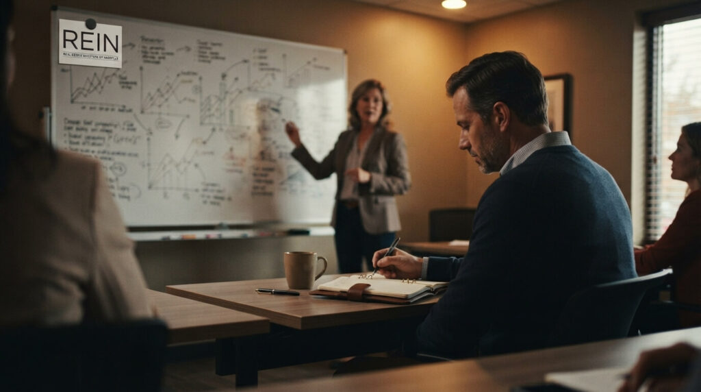 Investor attending a real estate investing training session in a Nashville meeting room