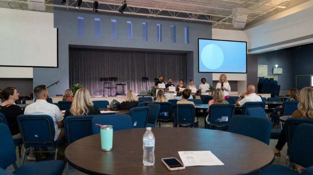 Member actively participating in discussion at a real estate investing group meeting