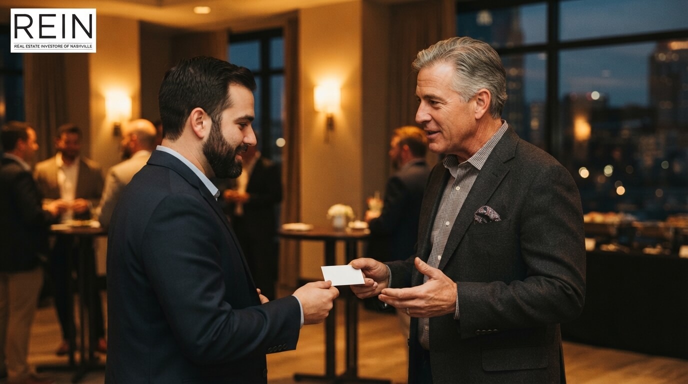 Investors exchanging contacts and following up after a real estate investing group